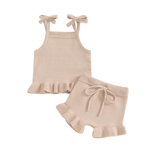 Image of Emmababy Baby Girl Knit Shorts Set Summer Sweater Tank Tops Ruffle Hem Halter Top Newborn Knit Bloomers Ruffle Shorts Set