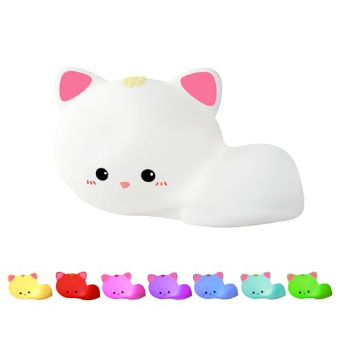 GANGULITO Soft Silicone Cat Night Light for Kids Baby Toddler Cute Clap Touch 7-Colors Lamp Rechargeable Nightlight Bedroom Room Decor Kitten Lights