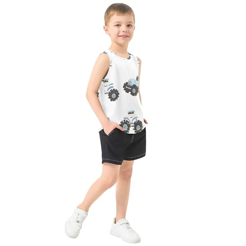 JUNZAN Cartoon Trucks Car White Boys Tank Top Sleeveless Casual Vest Tees Kids Shirt for Soccer Teenis Exercise Beach 3T4