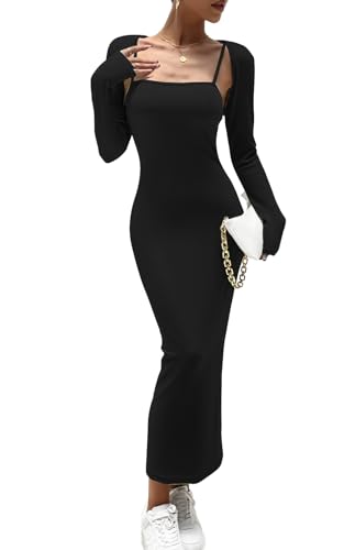Women's Spring Fall 2 Piece Outfits Slip Bodycon Maxi Dress and Long Sleeve Cropped Cardigan Knit Matching Sets