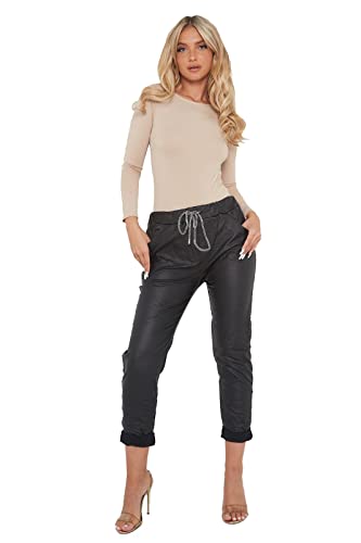 LavishFashionTown Pantalones cargo de piel sintética italiana, elásticos, lisos, elásticos, para mujer, con aspecto mojado, pantalones de mezclilla para mujer, Negro, 38/42 ES