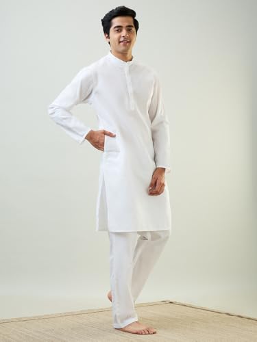 Image of SleepZ by Raymond Men Comfort Fit Solid Pattern Cotton Polyester Blend Mandrin Collar Kurta Set
