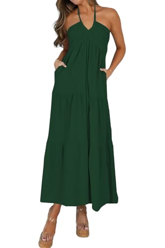 Women's Casual Halter Tiered Vacation Maxi Dress with Pockets