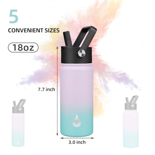 Image of BJPKPK Insulated Water Bottles with Straw Lid, 18oz Stainless Steel Metal Water Bottle, Cold Hot Thermo with 3 Lids, Leak Proof BPA Free Travel Cup, Wide Mouth Flasks, Thermo -Lavender Green