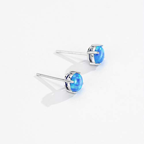 S925 Blue Opal Stud Earrings Round Cut Gemstone Solitaire Prongs Setting Sterling Silver Earrings For Women #TOP4