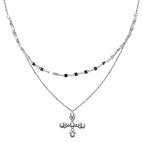 Collier croisé double couche en argent 925 avec chaîne de clavicule brillante en cz pour femme