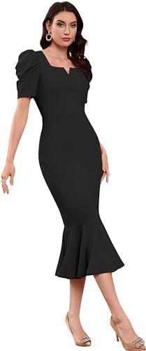 Image of SATPURUSH Women's Lycra Blend Sweet-Heart Neck Puff Sleeve Fit and Flared Calf Length Casual Bodycon Dress for Party, Office, Meetings Etc.