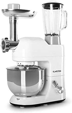 KLARSTEIN Lucia Bianca Electric Kitchen Mixer, Multi-function Stand Mixer, 650W, 5.3 qt Bowl, 1.3 qt Mixing Glass, Mixer Grinder, Dough bowl, Dough Blender, 6 speed levels