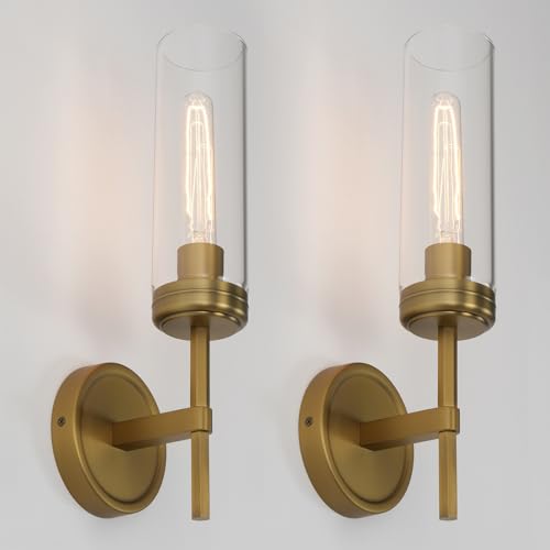 Image of Modern Wall Sconces Set of Two Brass Gold Bathroom Vanity Light with Handblown Clear Glass Hardwired Wall Sconce Light for Bathroom Mirror Bedroom Livingroom Hallway Indoor