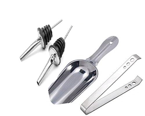 Devanjana™ Stainless SteelStainless Steel Bartender Kit Set, Silver, Set of 4 Pieces, Ice Picker, Ice Tong,Bottle pourers Bar Tools for Home Bar Accessories, Mini Bar, Bar Set for Gift