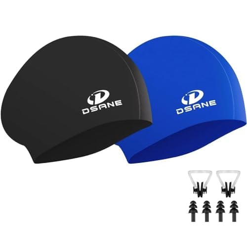 2 Pack Womens Silicone Swim Cap for Long Hair,3D Ergonomic Design Silicone Swimming Caps for Women Kids Men Adults Boys Girls with Ear Plug and Nose Clip(M)