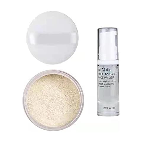 PHOERA Setting Powder and Face Primer Makeup, Control Oil Brighten Skin Color Cover Blemish Face Setting Loose Powder（2 Pcs） (01 Translucent +makeup primer) Cover