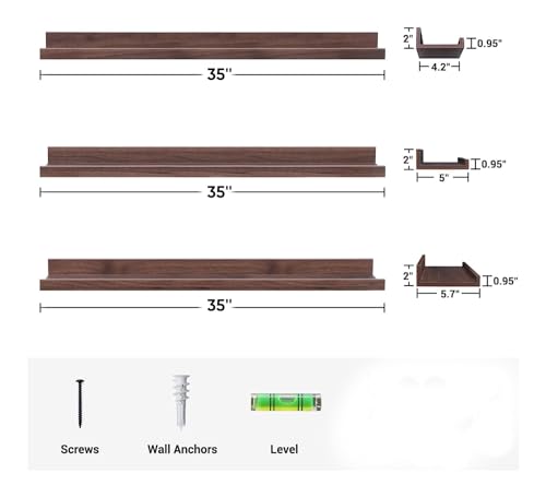 Image of Wooden Floating Wall Shelves Set of 3 for Living Room & Bedroom | Modern Wall Mounted Display Rack for Decor, Photo Frames, Plants & Storage (Walnut, 35 Inch)