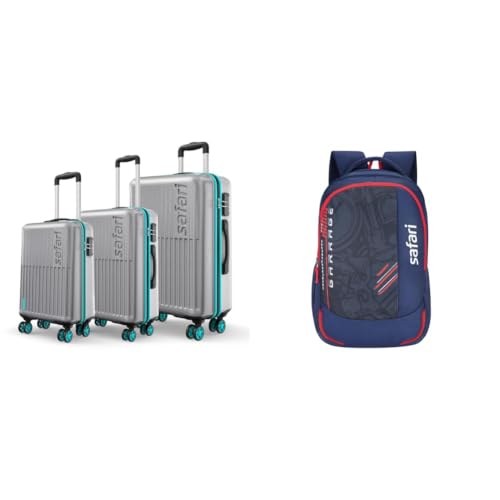 Image of Safari Astra Neo 8 Wheels Set of 3 (Cabin + Medium+Large) Trolley Bags, Hard Case Polycarbonate, + Torque 37L Casual Printed Backpack, 3 compartments, Bottle Holder, Front Pocket, School Bag