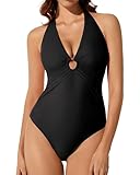 RXRXCOCO Women Sexy Tummy Control One Piece Swimsuits Halter Ruched Bathing Suit Black Large