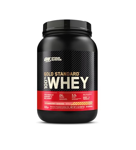 OPTIMUM NUTRITION Gold Standard 100% Whey Protein Powder, Strawberry Banana, 907g - [2024/2025 plastic neck band packaging may vary]