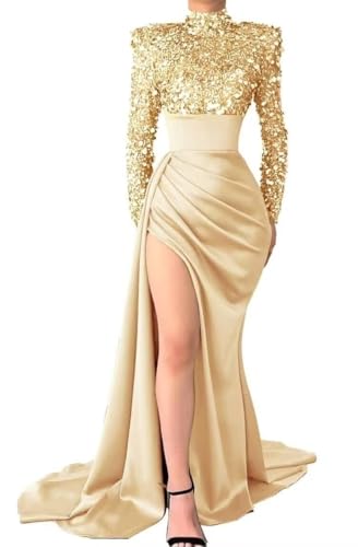 Sequin Long Sleeve Prom Dress Mock Neck Satin Mermaid Ball Gowns for Women Formal Backless Evening Dresses with Slit