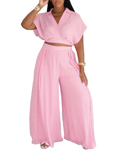 KEYUFANG Two Piece Sets for Women Summer Outfits Dressy Crop Top and High Waist Wide Leg Pants Travel Matching Sets Pink XL