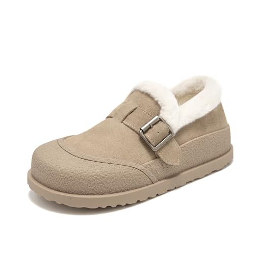 Image of BEAU TODAY Women Winter Loafers,Platform Suede Leather Comfortable Loafers for Women,Slip On Cute Fur Lined Adjustable Loafers Mules