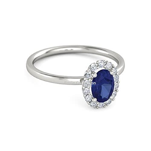 925 Sterling Silver Simulated Blue Sapphire and Cubic Zirconia Oval Halo Engagement Ring2