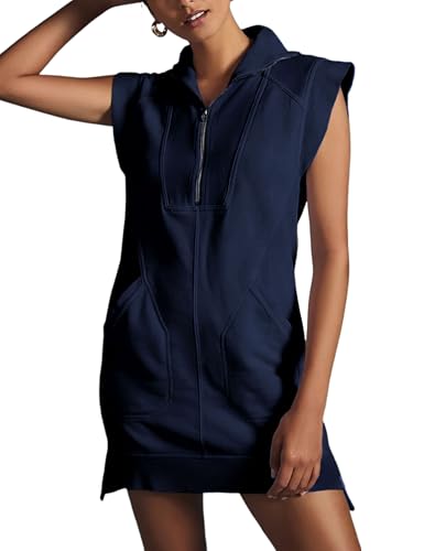 Image of Qiaomai Womens Half Zip Sweatshirt Dresses Summer V Neck Sleeveless Pullover Tunic Tops Mini Dress