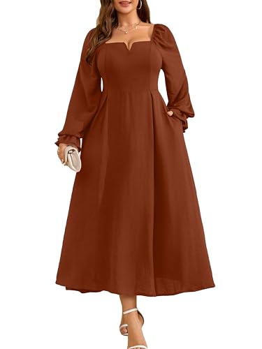 RWJ Long Sleeve Dress for Women 2025 Fall V Neck Elegant Flowy Plus Size Formal Wedding Guest Maxi Dresses with Pockets Rust Brown 3XL