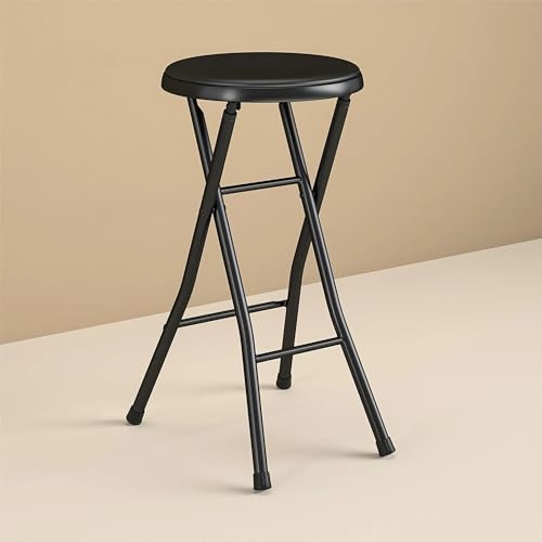 Folding Metal Stool – 24 Inch Height,Portable Compact Seat, Durable Steel Frame, Space-Saving Design, Black