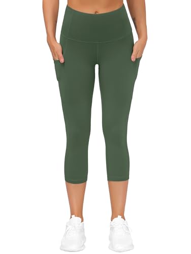Image of THE GYM PEOPLE Thick High Waist Capris Yoga Pants with Pockets, Tummy Control Workout Running Yoga Leggings for Women