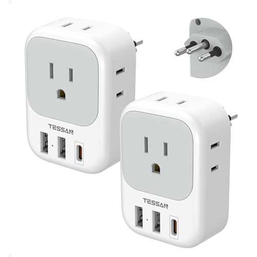 TESSAN Brazil Plug Adapter 2 Pack, 7 in 1 US to Brazil Power Adapter with 3 USB Ports (1 USB-C PD 20W Port) 4 American Outlets, Type N Travel Adaptor for USA to Brazilian