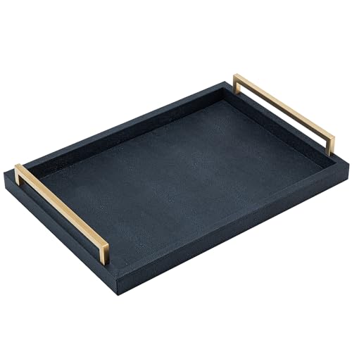 Black Faux Leather Serving Tray, 17x12 inches, Brushed Gold Handles, Decorative Tray for Ottoman Coffee Table, Living Room, Kitchen, Bathroom