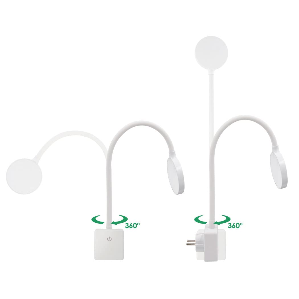 ENUOTEK Lampa LED do czytania z białym gniazdem przy łóżku 4 W, montowana na ścianie, z dotykowym ściemniaczem 350 lm, oświetlenie sypialni, 2 lampki