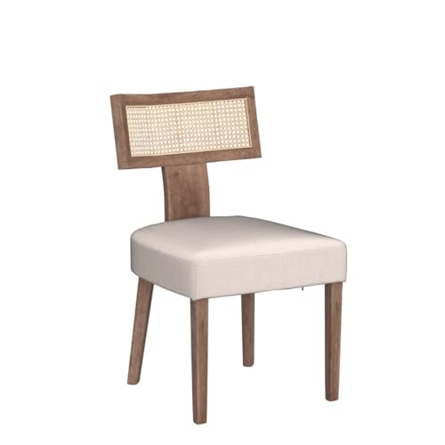 Image of HNY Mid Century Modern Rattan Dining Chairs Set of 6, Linen Upholstered Kitchen & Dining Room Chairs with Ergonomic Curved Back, Solid Wood Frame, Farmhouse Accent Chairs for Home, Apartment, Beige