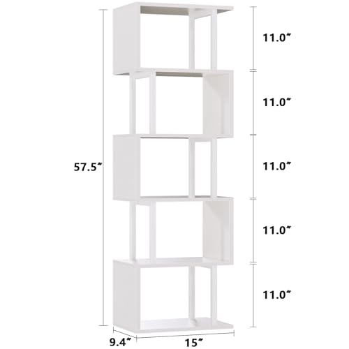 Image of Furologee White Geometric Bookshelf 6 Tier S-Shaped Bookcase, Tall Modern Display Storage Shelf, Metal and Wood Decorative Freestanding Room Divider Shelves for Bedroom, Living Room, Office