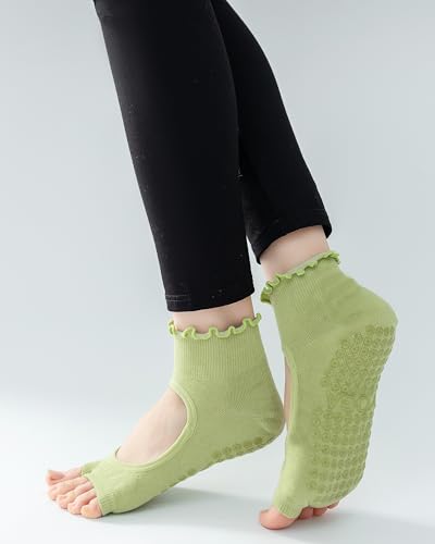 3 Pairs Pilates Socks Toeless with Grips Non Slip Ruffle Yoga Socks Grip Socks for Women4