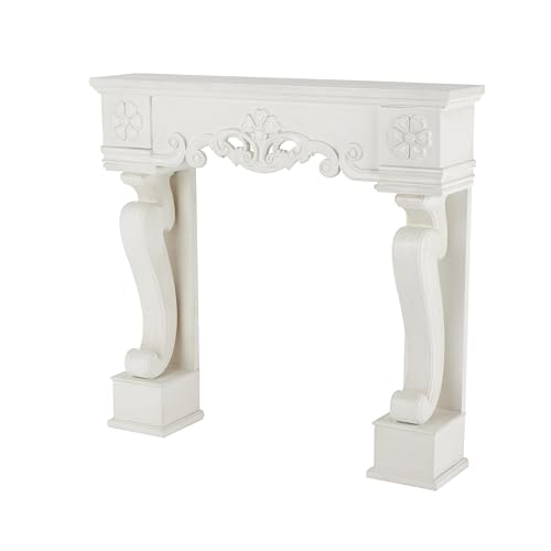 Image of Deco 79 Wooden Scroll Fireplace Mantle Freestanding with Floral Accents, 45 inch x 10 inch x 42 inch, White