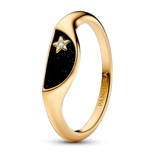 PANDORA ME Anillo de sello dividido chapado en oro de 14 quilates con circonita cúbica transparente y esmalte negro brillante, talla 60