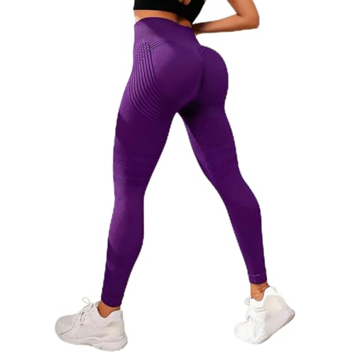 2 Pack High Waist Anti Cellulite Leggings for Women Tummy Control Butt Lifting 3D Compression Slimming Yoga Workout Pants (Purple Large)