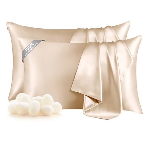 THXSILK Set of 2 100% Mulberry Silk Pillowcases for Hair and Skin, Grade 6A+ Mulberry Silk Pillow Cases 19 Momme, Hypoallergenic Pillow Case Cover with Zipper (Queen 20"x30", Beige)