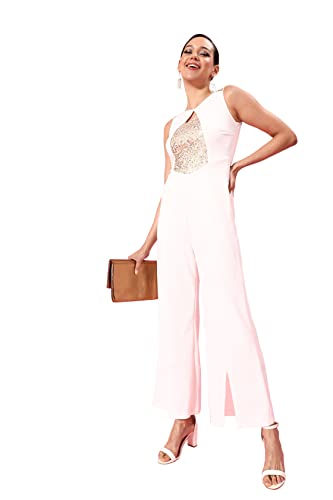 Image of Miss Chase Women's Off-White Solid Regular Length V-Neck Sleeveless Wide Leg Embellished Jumpsuit