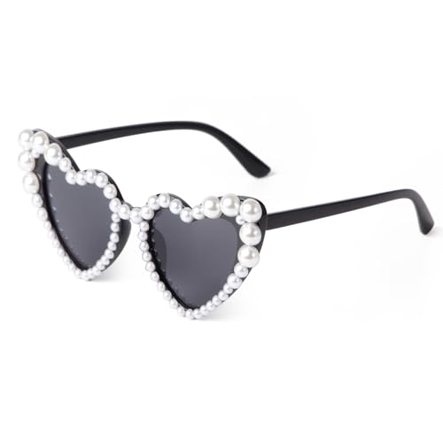 Pearl Heart Sunglasses for Women Love Pearl Sun Glasses Heart Shaped Cat Eye Party Festival Bling Sunglasses UV4003