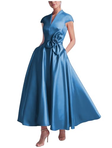 Satin Mother of Bride Dresses Tea Length Cap Sleeve Wedding Guest Dress Elegant Formal Evening Gown with Pockets