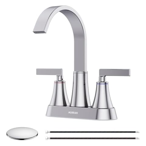 Centerset Bathroom Sink Faucet, 2-Handle Bathroom Faucets, HURRAN 4 Inch Bathroom Sink Faucet, 1.2 GPM Flow Rate, Lead-Free, Chrome Cover