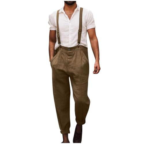 Men Bib Overalls Linen Work Spaghetti Strap Jumpsuit Overalls Men's Casual Vintage Romper Pants Workwear with Pockets