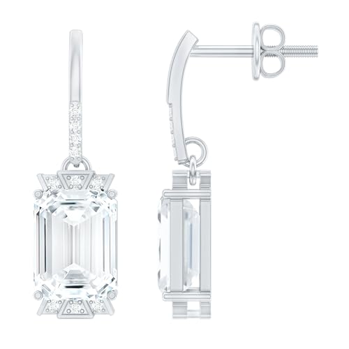 Certified Moissanite Drop Earrings, D-Vs1 Quality, Moissanite 6X8 mm Emerald Cut Earrings in 14K Gold Plated Silver