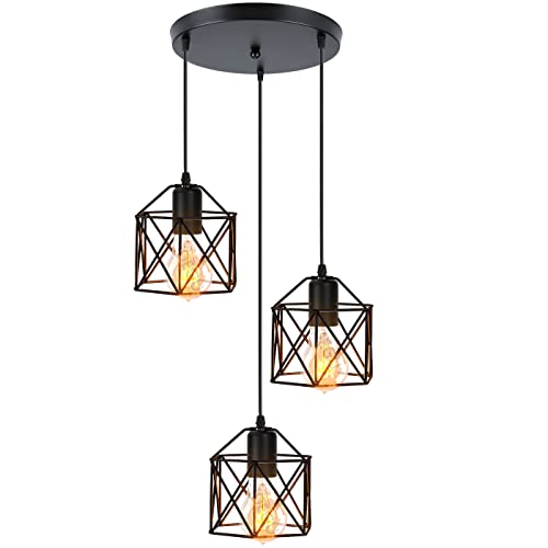 iDEGU Lampadario a sospensione Vintage, 3 Luci Lampade a Sospensione E27 in Metallo Ø15 Gabbia Design Esagono Retrò Lampada da Soffitto per Camera da Letto, Cucina, Sala da Pranzo (25cm Base, Nero)