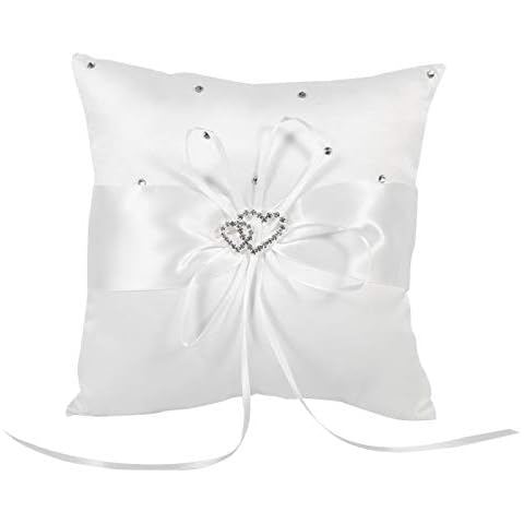 Tyenaza Ring Bearer Pillow, 7.8" x 7.8" Wedding Ring Pillow Double Heart Satin Lace Wedding Ring Holder Cushion for Wedding Party Ceremony, White Cover