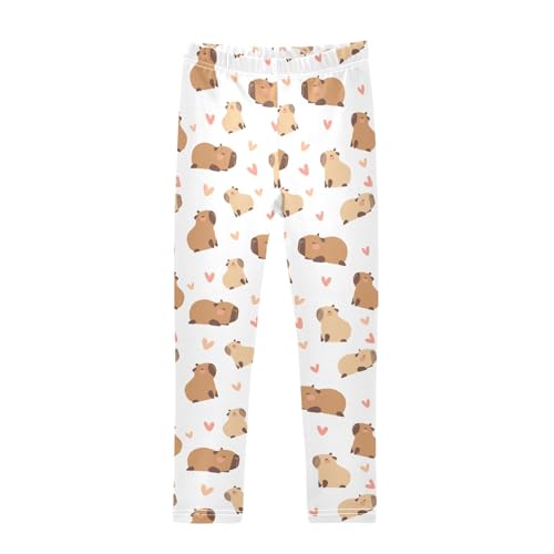 Cartoon Capybara with Hearts White Girls Leggings Soft Comfortable Athletic Leggings Dancing Pants for 4-10 Years