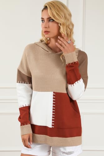 Women's Cozy Brown Color Block Kangaroo Pocket Hooded Sweater 6