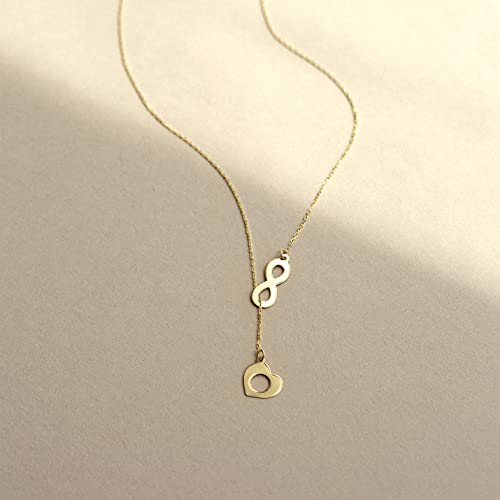 14K Solid Gold Heart And Infinity Y Necklace | 14K Yellow Gold Eternity Necklace For Women | Double, Open, Infinity, Key Heart Pendant Necklace | Dainty Love Jewelry | Gifts For All Occasions, 18" #TOP3