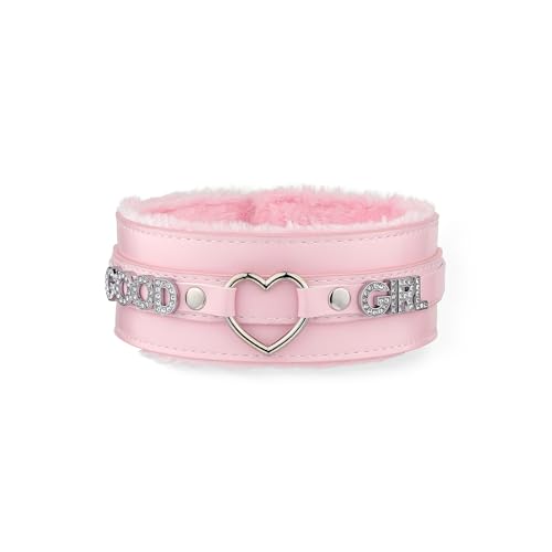 Pink Furry Heart O-ring Leather Choker Collar For Women, Handmade Punk Gothic Letter Necklace Adjustable Fashion Jewerly